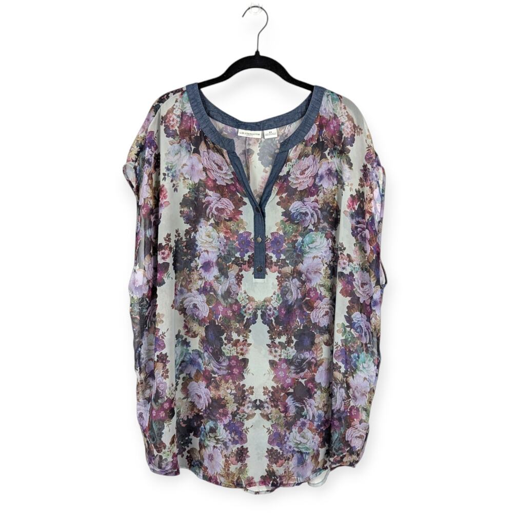 Liz Claiborne Floral‎ Sheer Half Button Sleeveless Top Plus Size 2X Flowy Casual